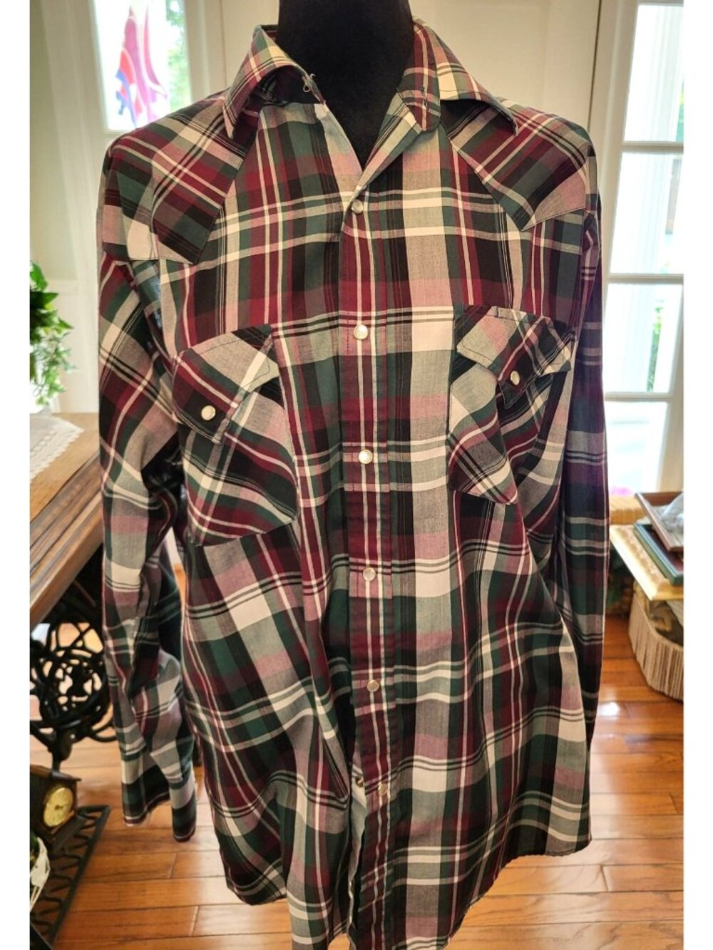 Ely Plains Vintage 80s 90s Green Burgundy Plaid Western Shirt M Cowboy Rodeo